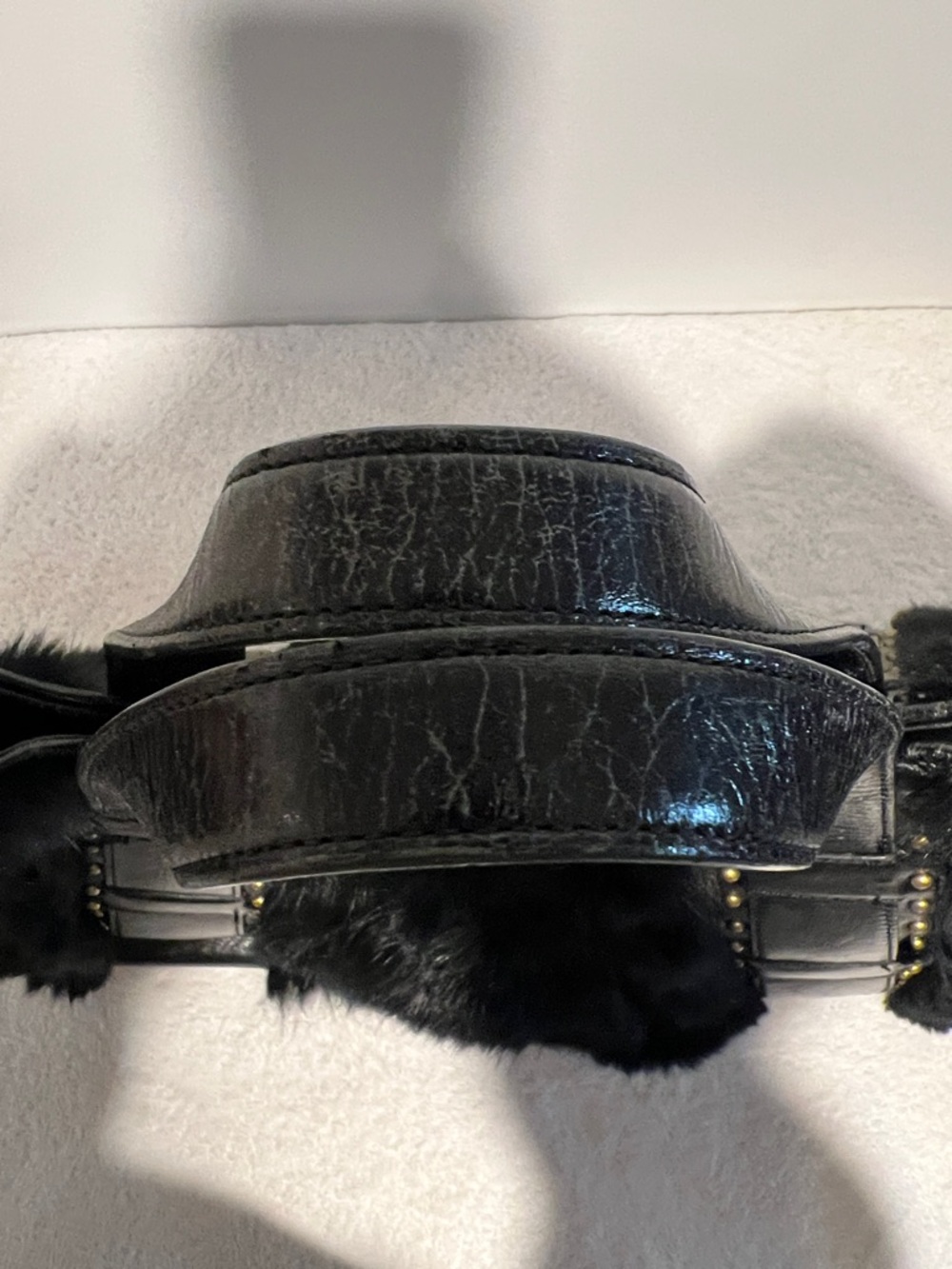 Kenneth Cole Black Rabbit Fur and leather bag with Studded Trim. - Picture 3 of 7